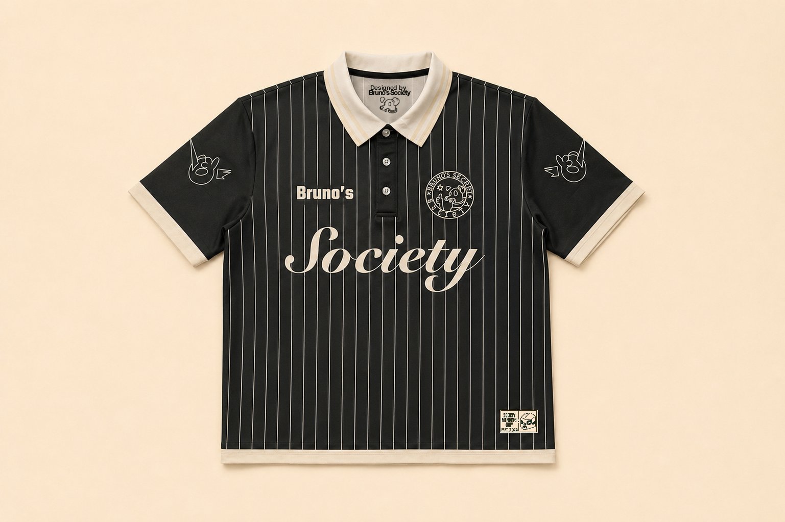Society Jersey — soccer-style striped polo with embroidered Bruno's Secret Society seal